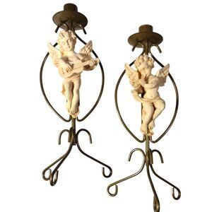 Vintage Angel Cherub Taper Candle Holders Set Of 2 Gold Brass Resin 12" Baroque